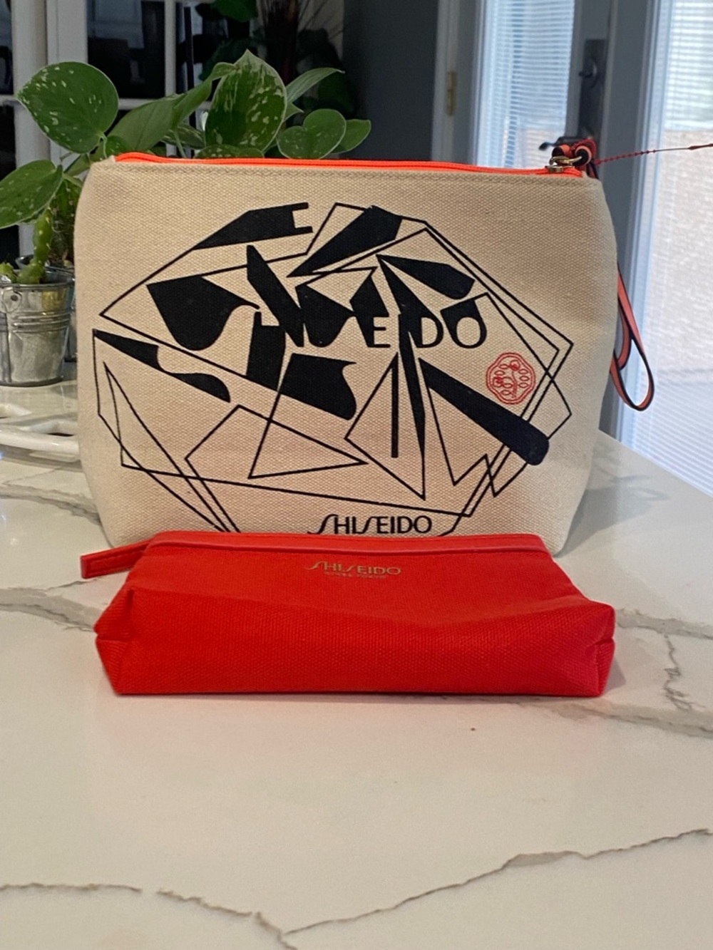 Shiseido Black & Cream Canvas Cosmetic Pouch with Red Travel Case